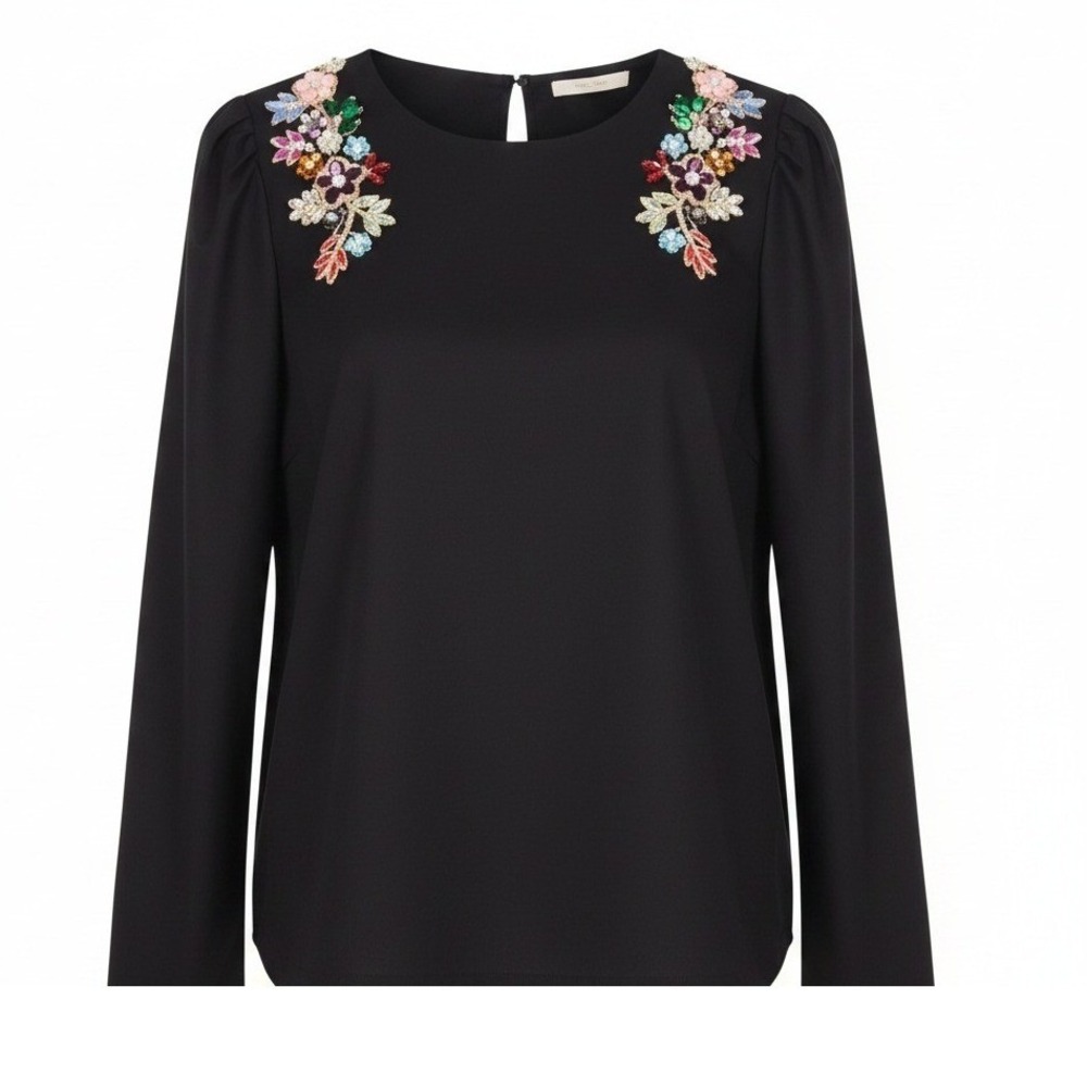 H&M Jeweled Gem embellished Black L/S Romantic 100% Cotton Blouse NWT Size 14
